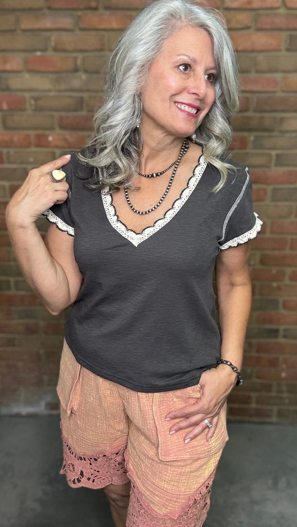 Lace Edge V-Neck Short Sleeve - Vintage Vault Boutique