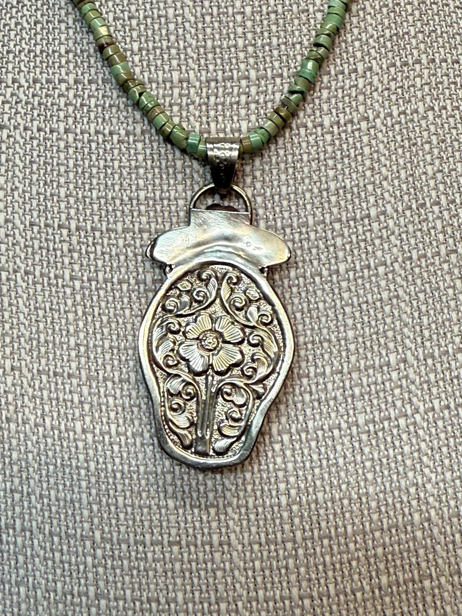 Tibetin Skull in Headdress on African Turquoise Necklace - Vintage Vault Boutique