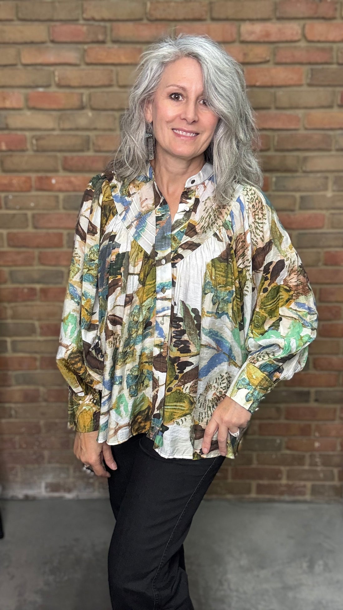 Abstract Floral Printed Button Down Blouse