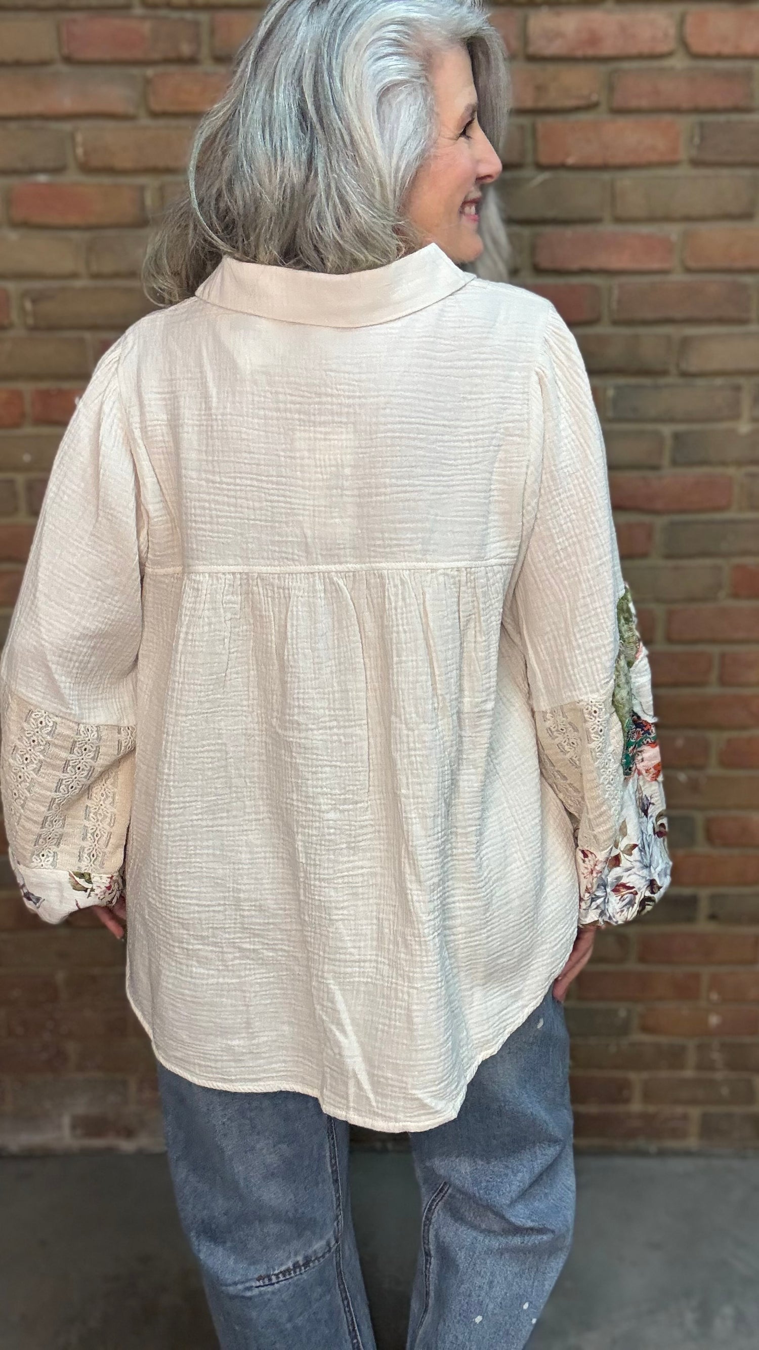 Woman wearing V-Neck Collared Flower Patch Top with Floral Embroidered Relax Jean 1083