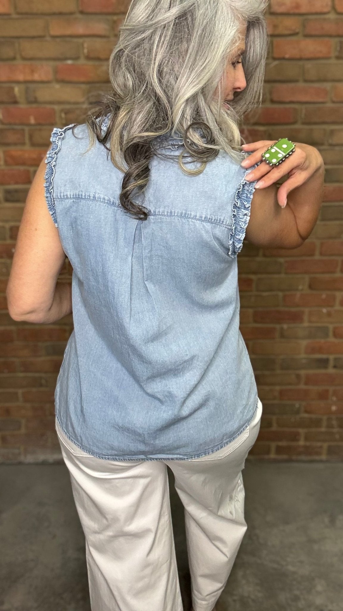 Ruffle Sleeveless V - Neck Top - Vintage Vault Boutique