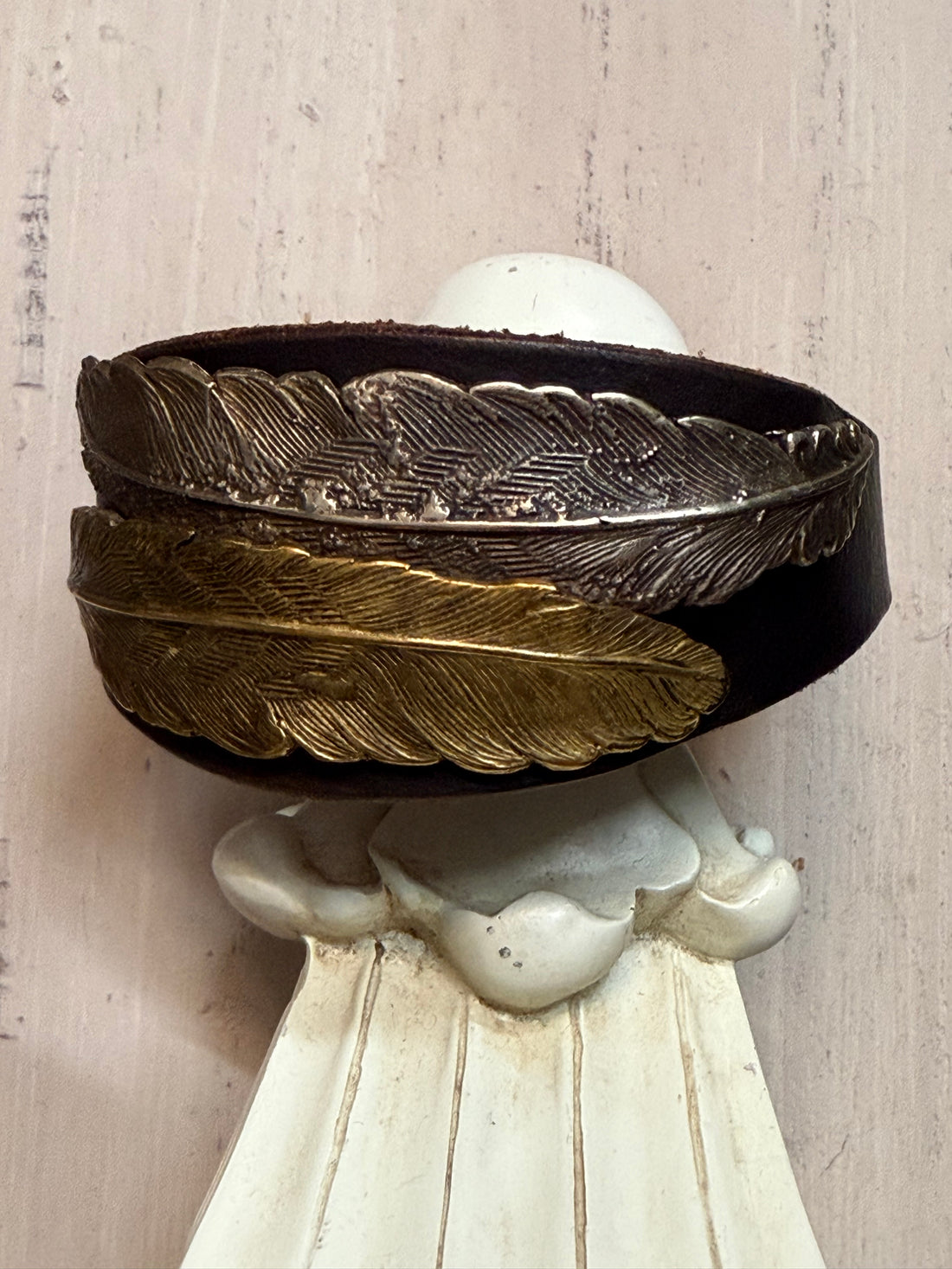 Mixed Metal Feather Leather Buckle Bracelet