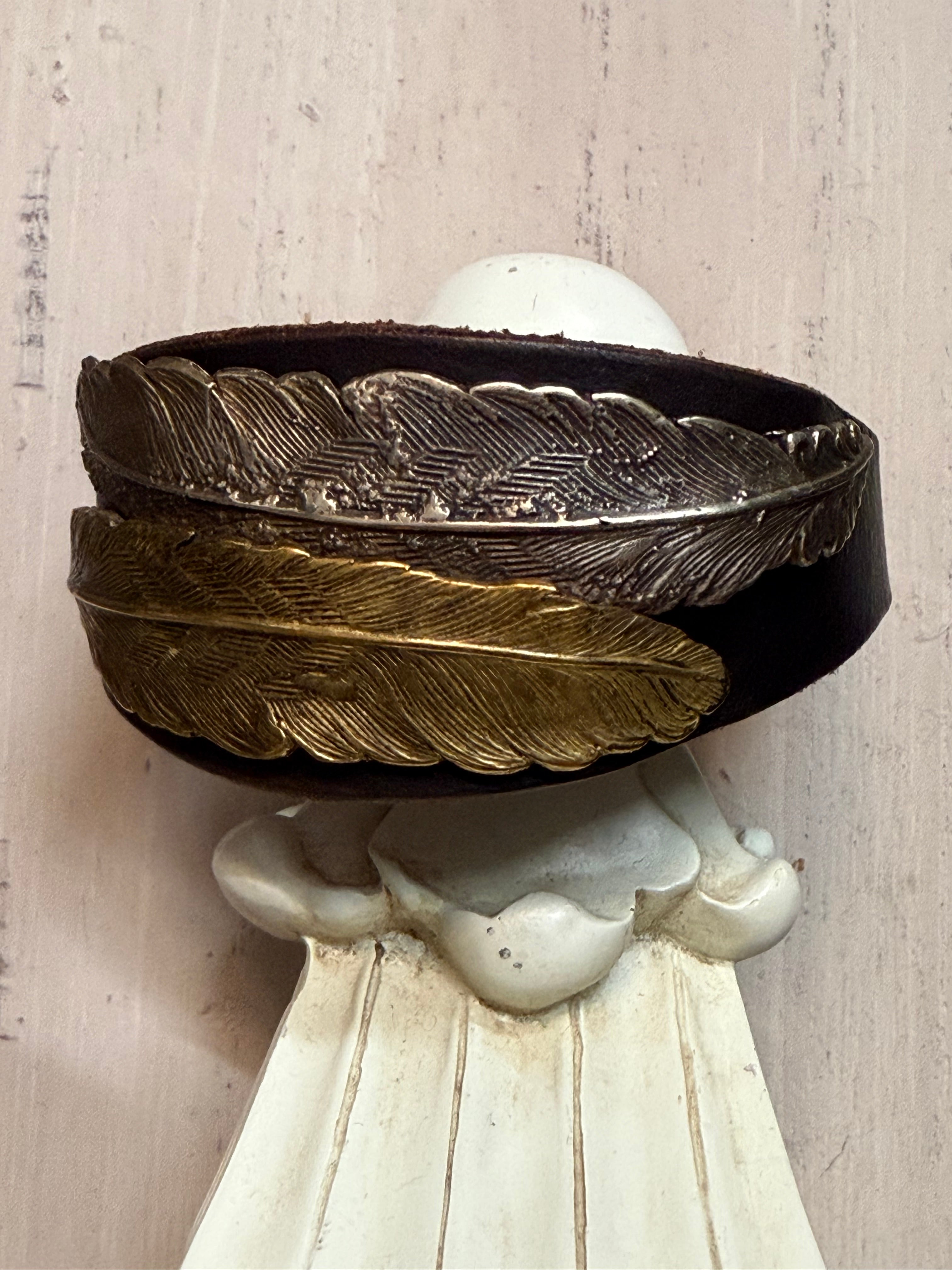 Mixed Metal Feather Leather Buckle Bracelet