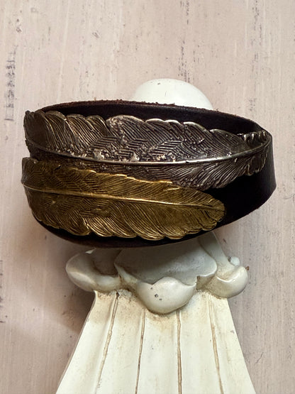 Mixed Metal Feather Leather Buckle Bracelet