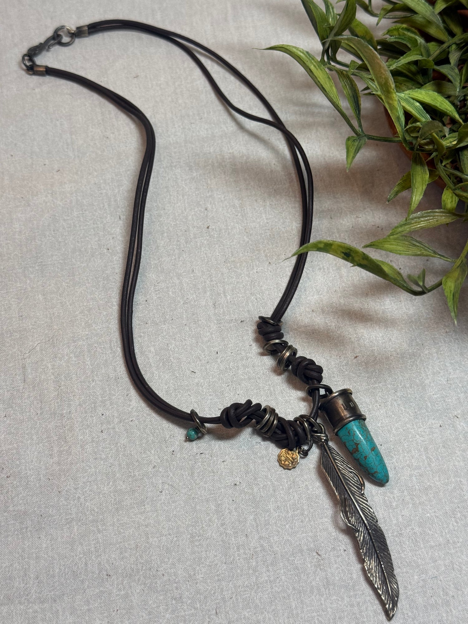 Turquoise Horn and Feather Leather Necklace