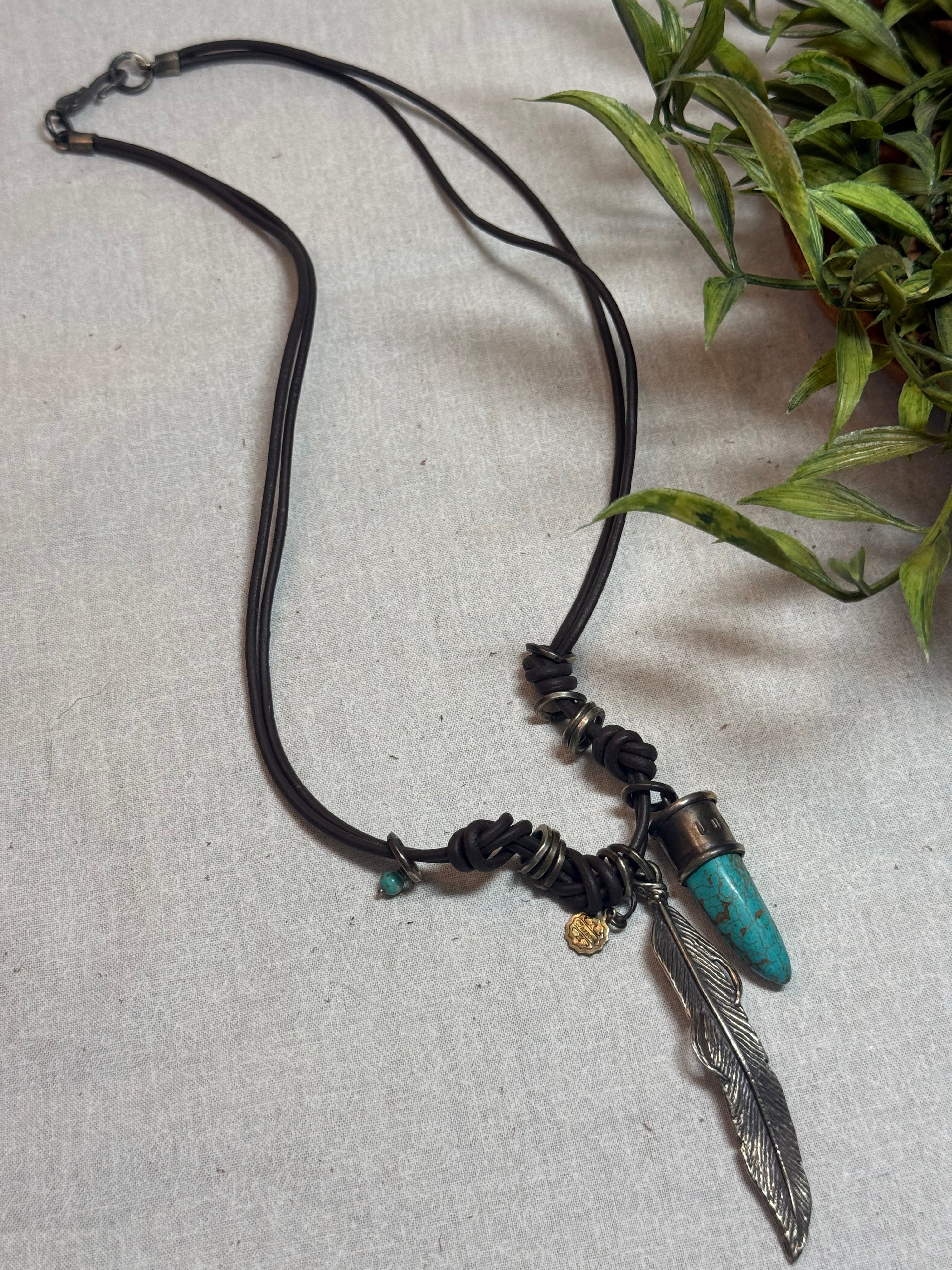 Turquoise Horn and Feather Leather Necklace