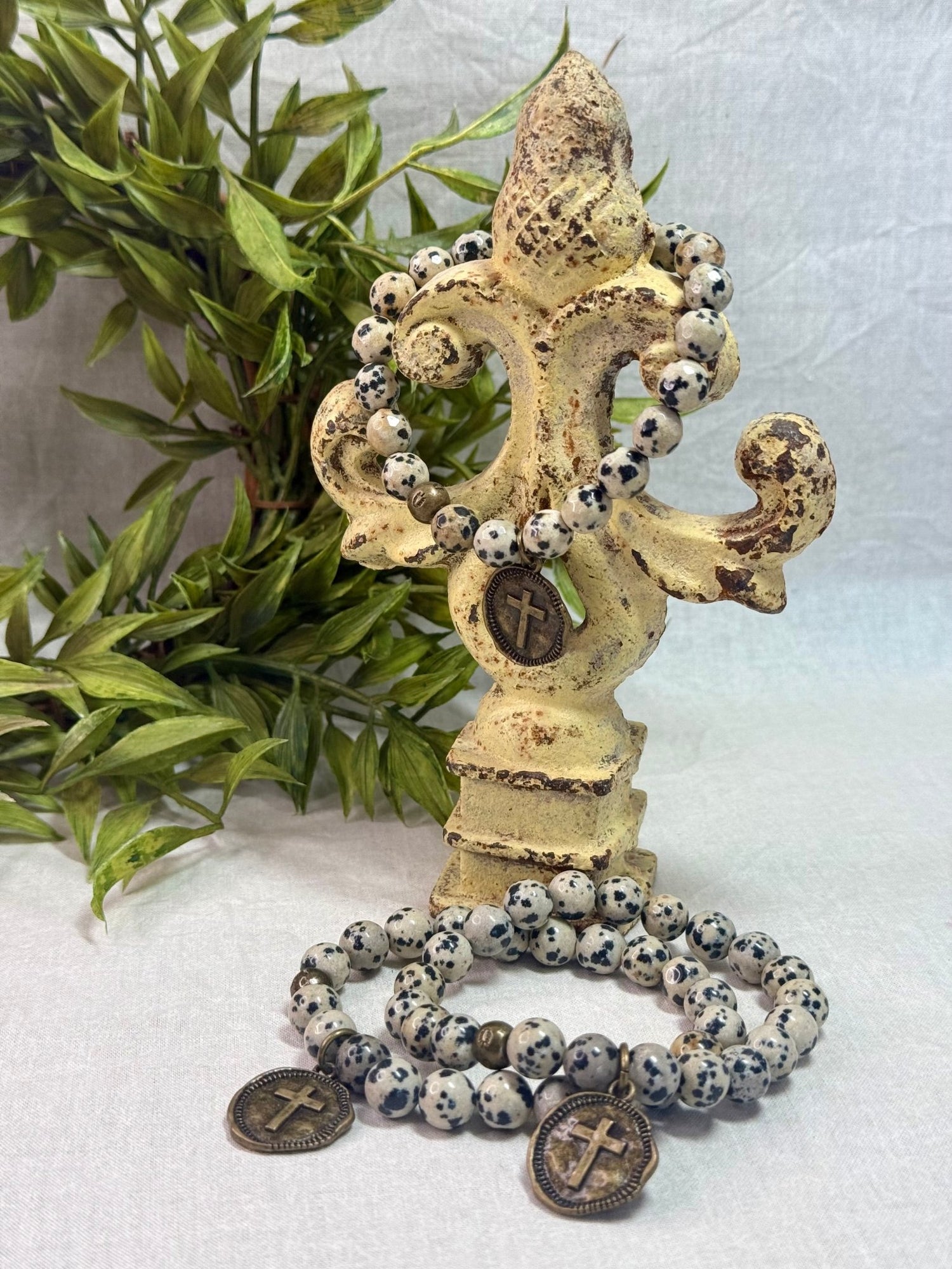 Dalmatian Jasper with Cross Drop Bracelet - Vintage Vault Boutique