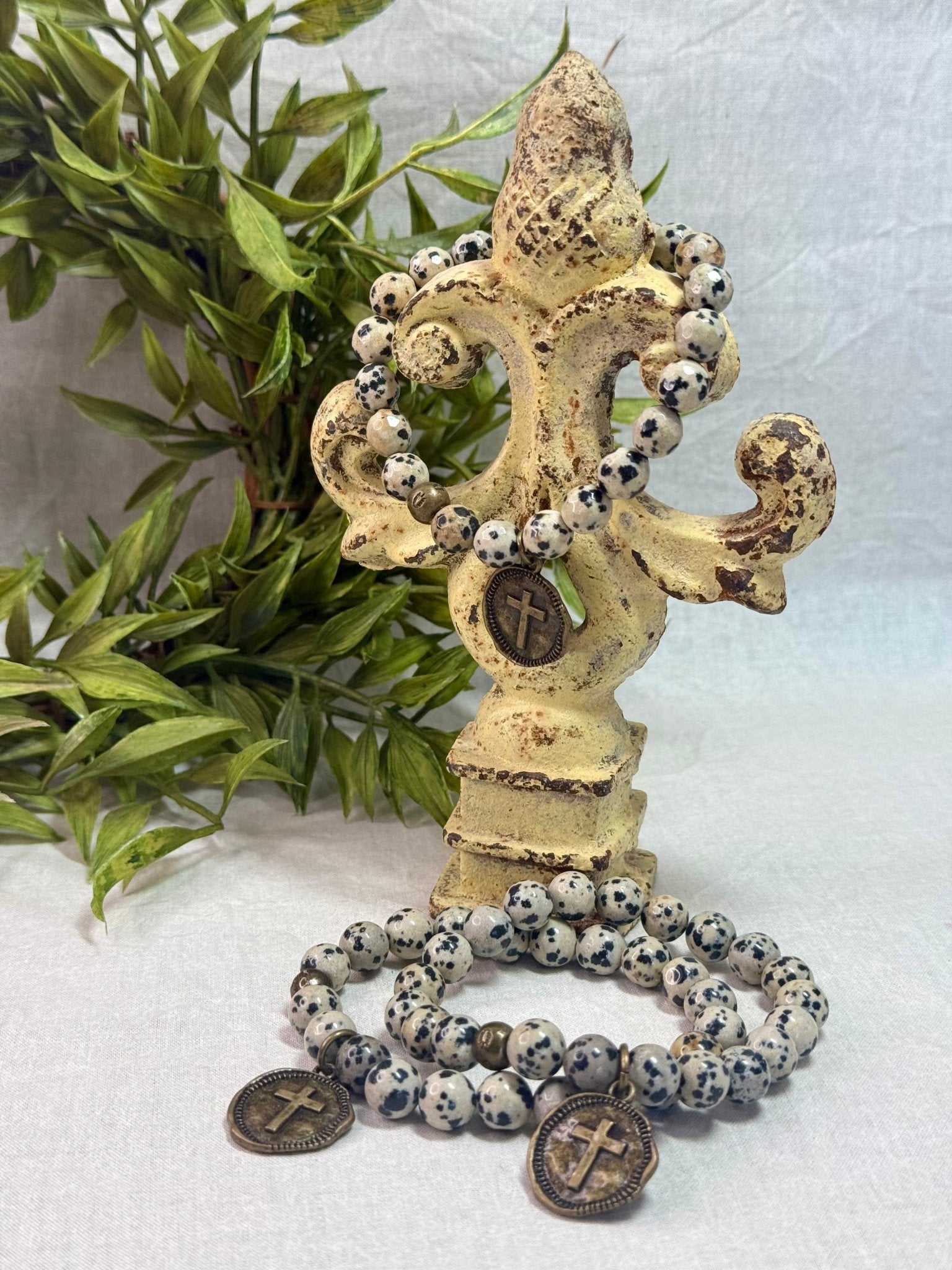 Dalmatian Jasper with Cross Drop Bracelet - Vintage Vault Boutique