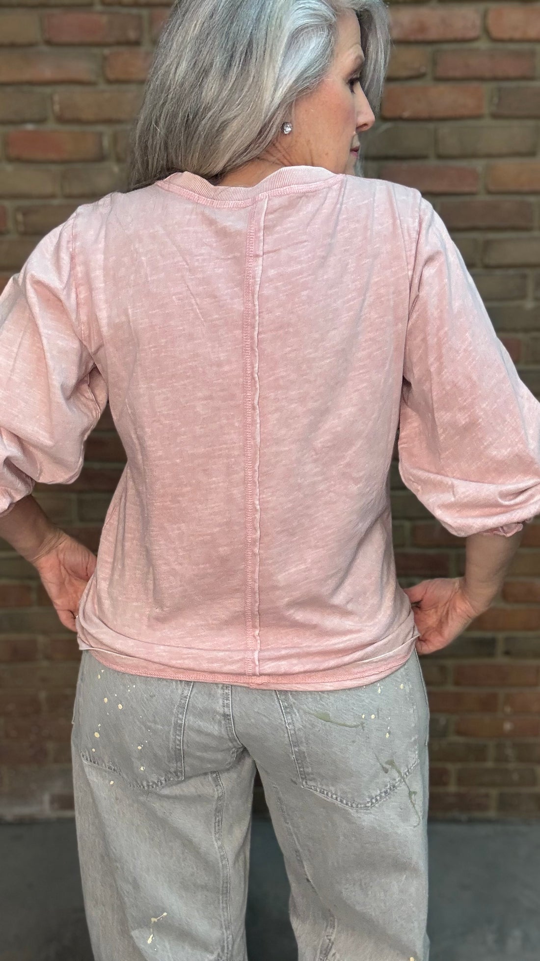 Woman wearing the Basic Long Sleeve Crew Neck Top in Pink Salt paired with Oyster Grey Big Pocket Jeans