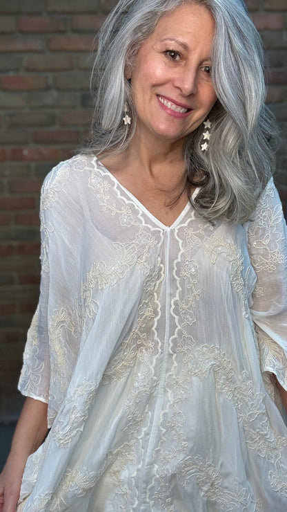 Natural Kimono Embroidery Top - Vintage Vault Boutique