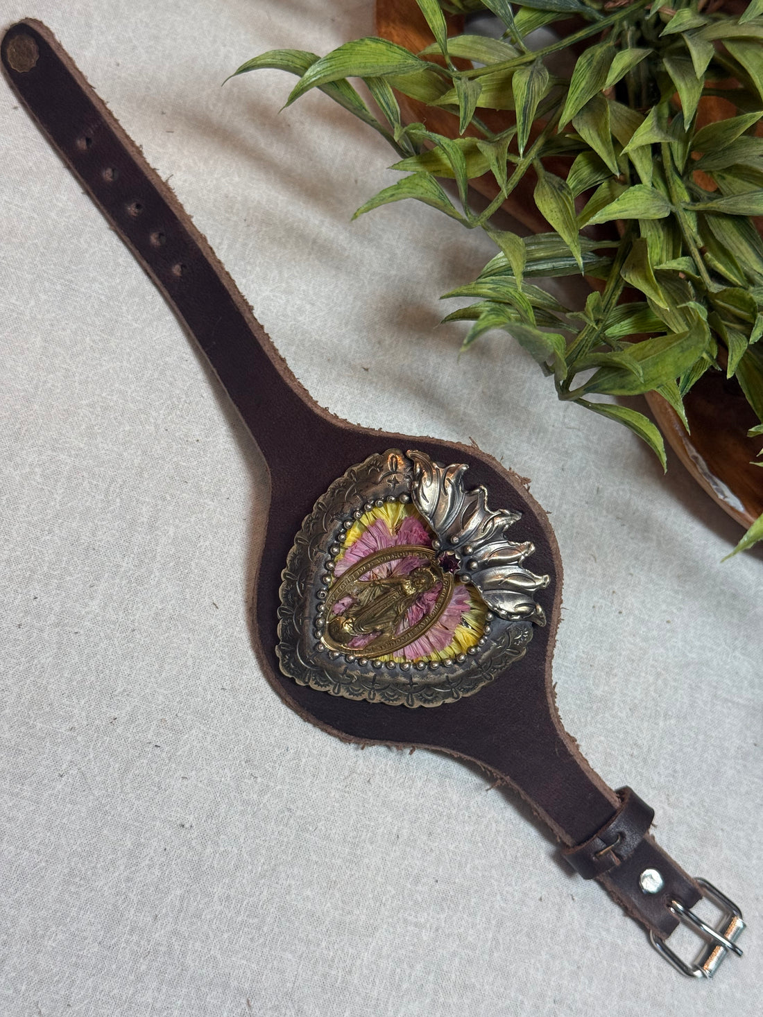 Flaming Heart with Lady of Guad Leather Cuff