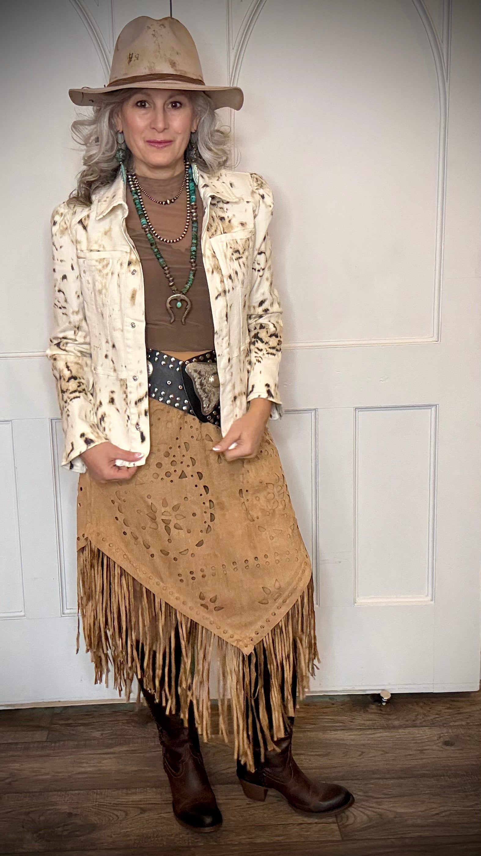 Camel Faux Suede Fringe Skirt