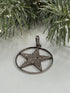 Lone star pendant with pave diamonds on a white surface with a Christmas tree branch.