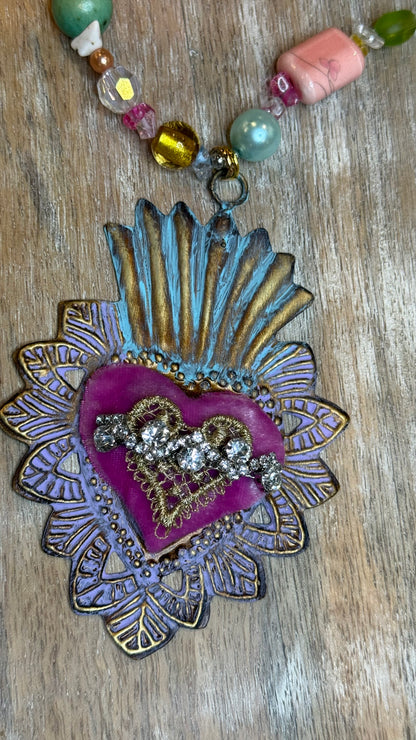 Velvet Pink Flaming Heart Necklace