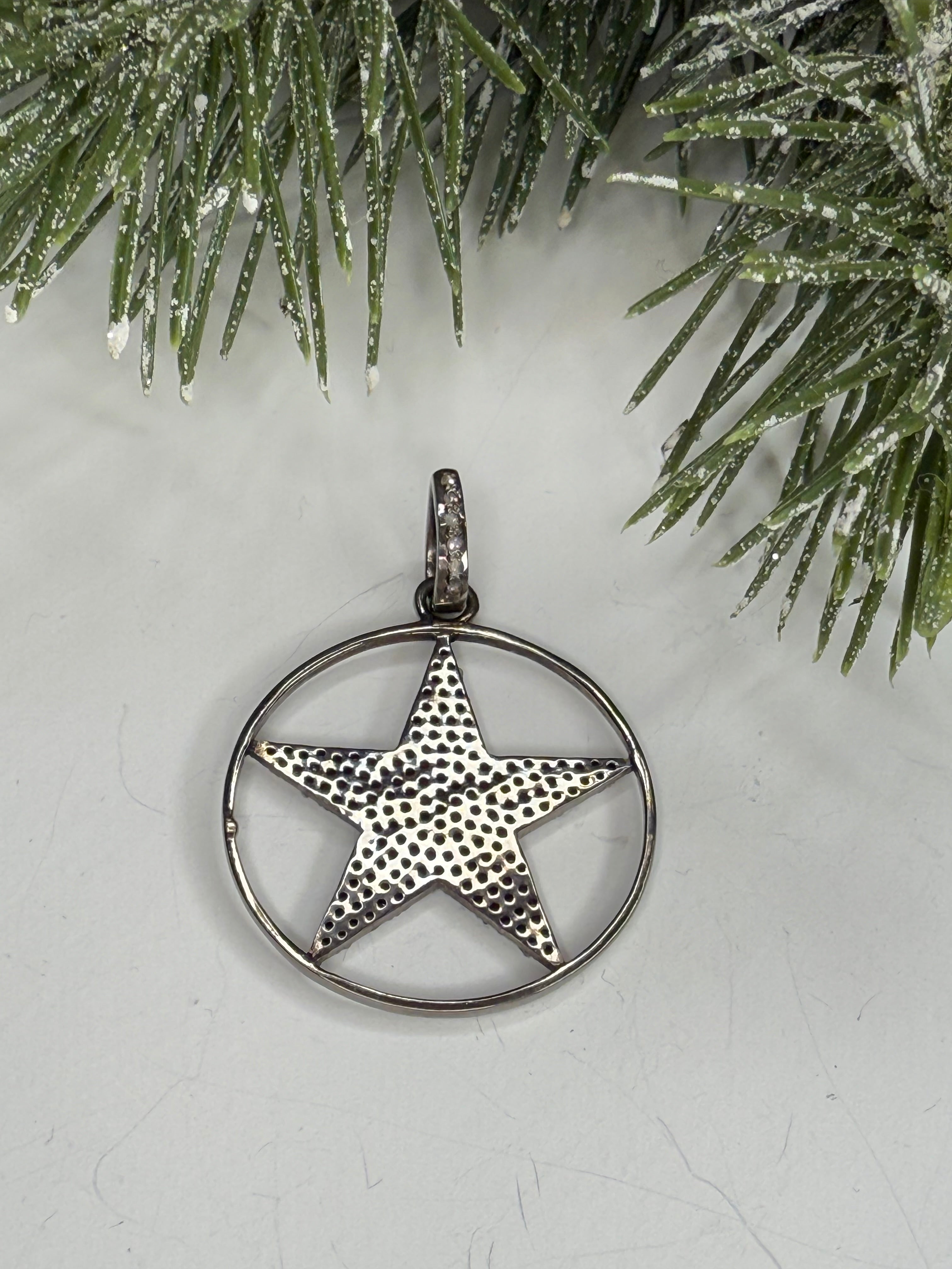 Back of a lone star pendant on a white surface with greenery