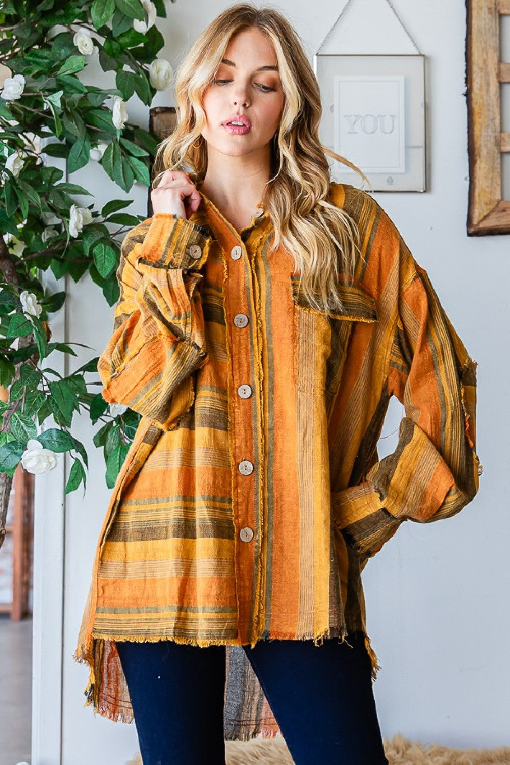 Mustard Mineral Washed Multi Stripe Shirt 