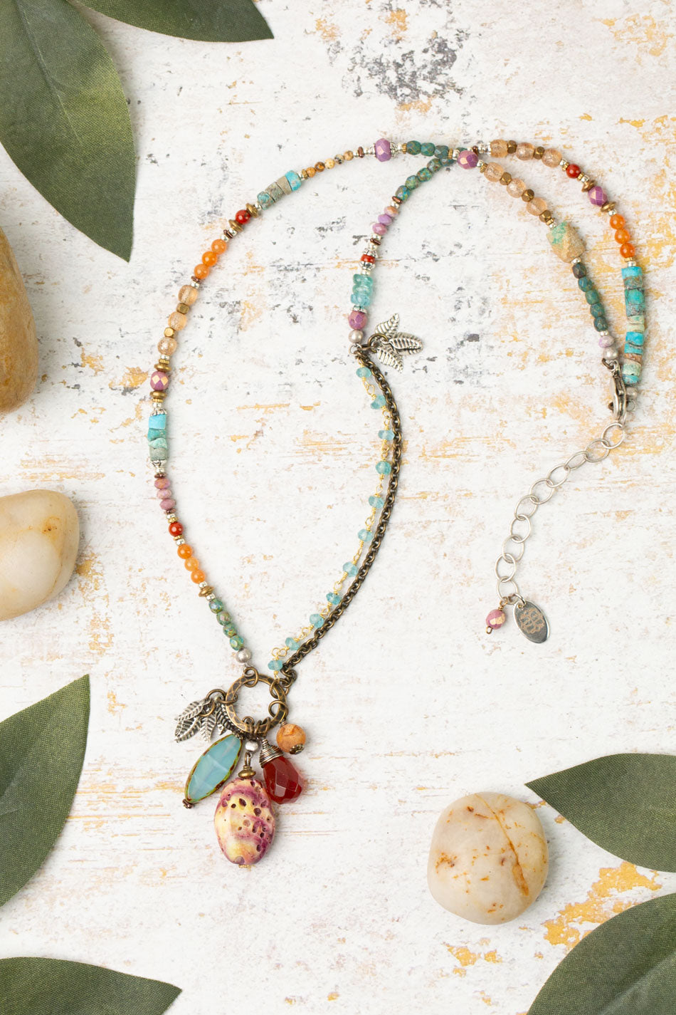 Earthen 16-18&quot; Turquoise, Czech Glass, Spiny Oyster Cluster Necklace