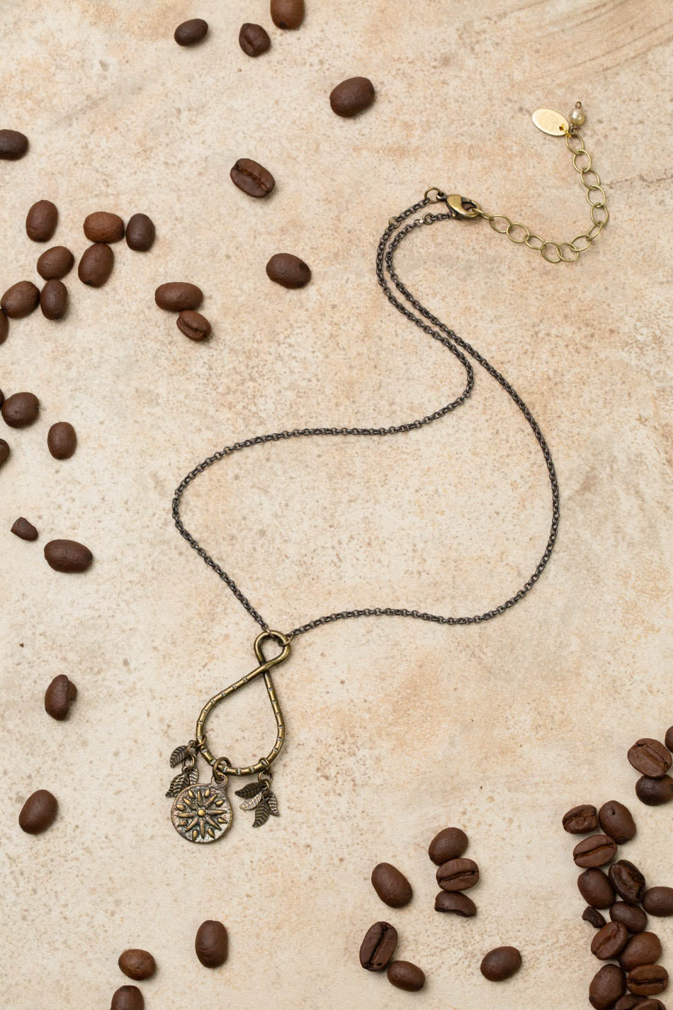 Espresso 16.5-18.5&quot; Organic Hammered Ring With Mandala Charm And Antique Brass Leaves Cluster Necklace