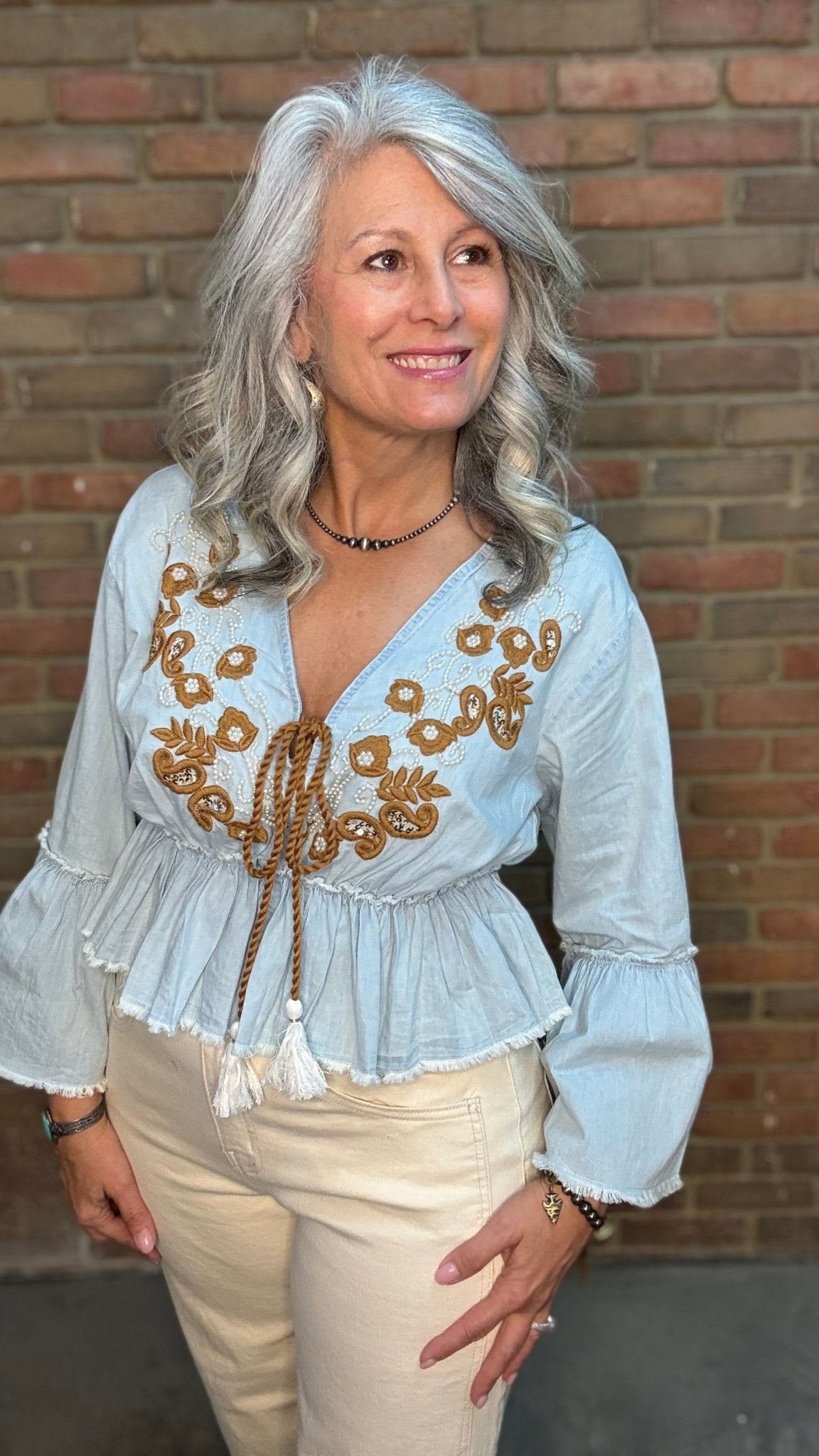 Denim Gold Embroidery Beaded Crop Top - Vintage Vault Boutique