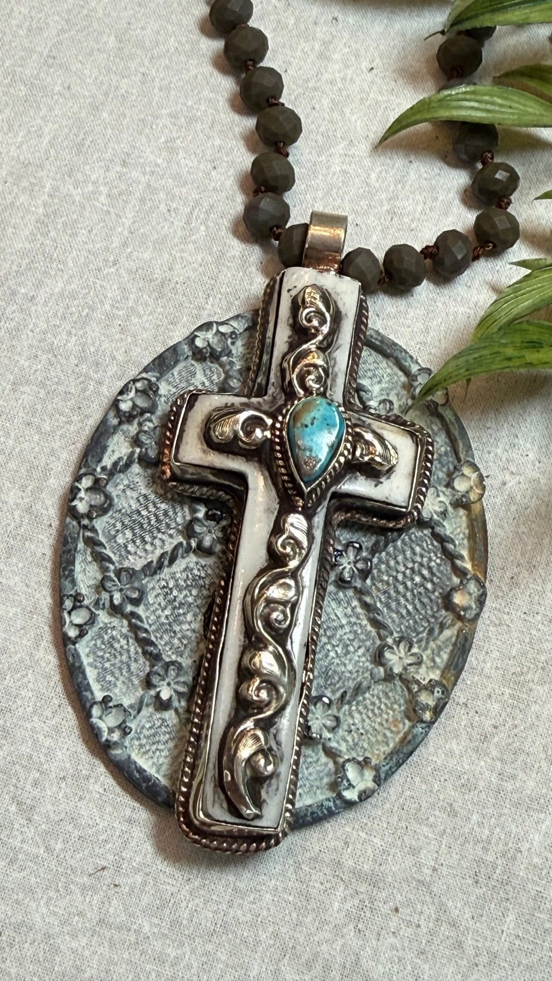 Ornate Cross on Embossed Metal Necklace - Vintage Vault Boutique