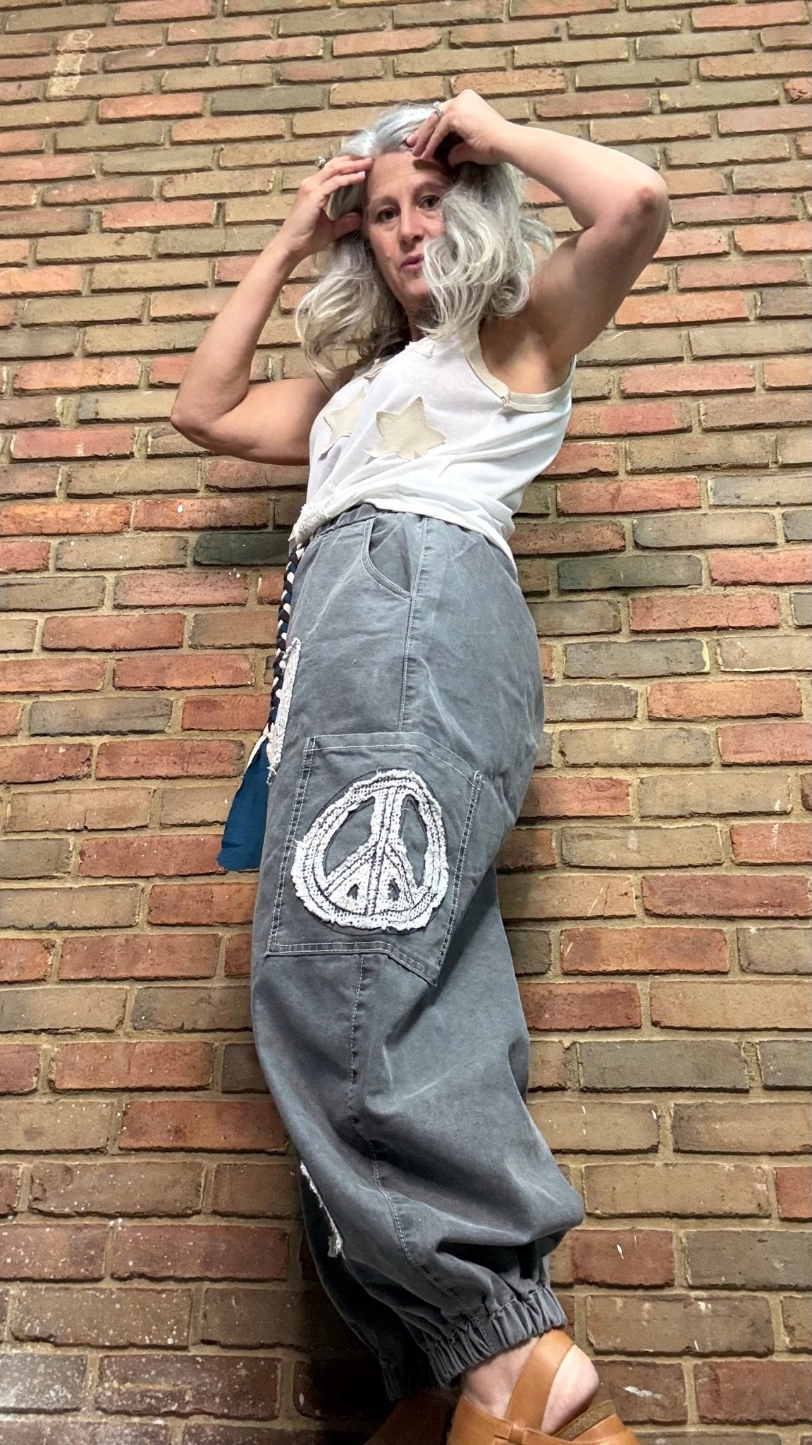 Charcoal Peace Applique Pant - Vintage Vault Boutique