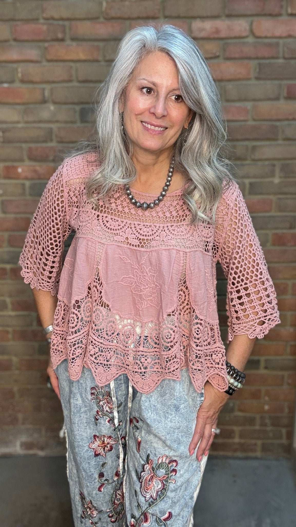 Dusty Rose Lace Crochet Top - Vintage Vault Boutique