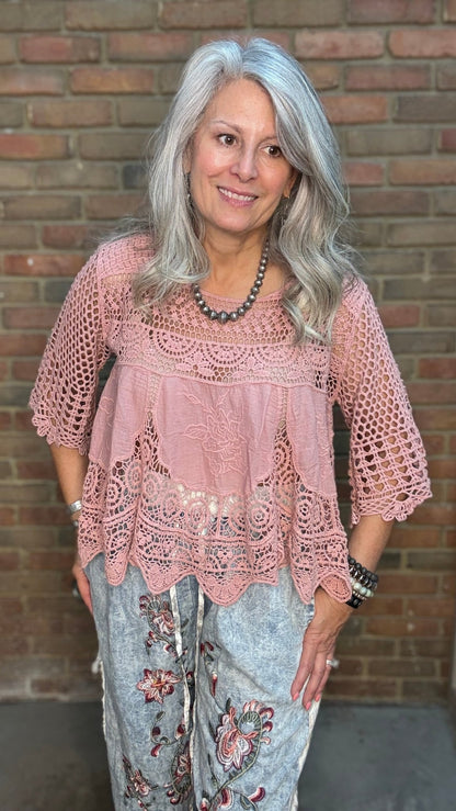 Dusty Rose Lace Crochet Top - Vintage Vault Boutique