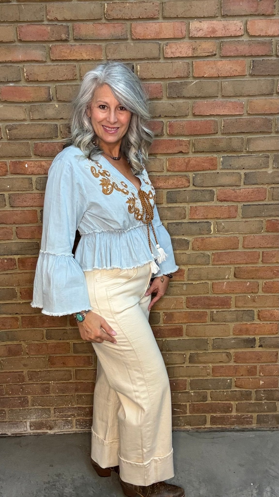 Denim Gold Embroidery Beaded Crop Top - Vintage Vault Boutique