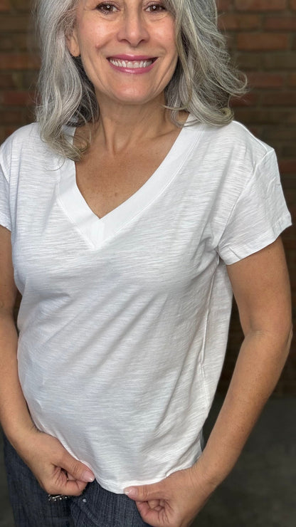 White Drop Shoulder V - Neck Top - Vintage Vault Boutique