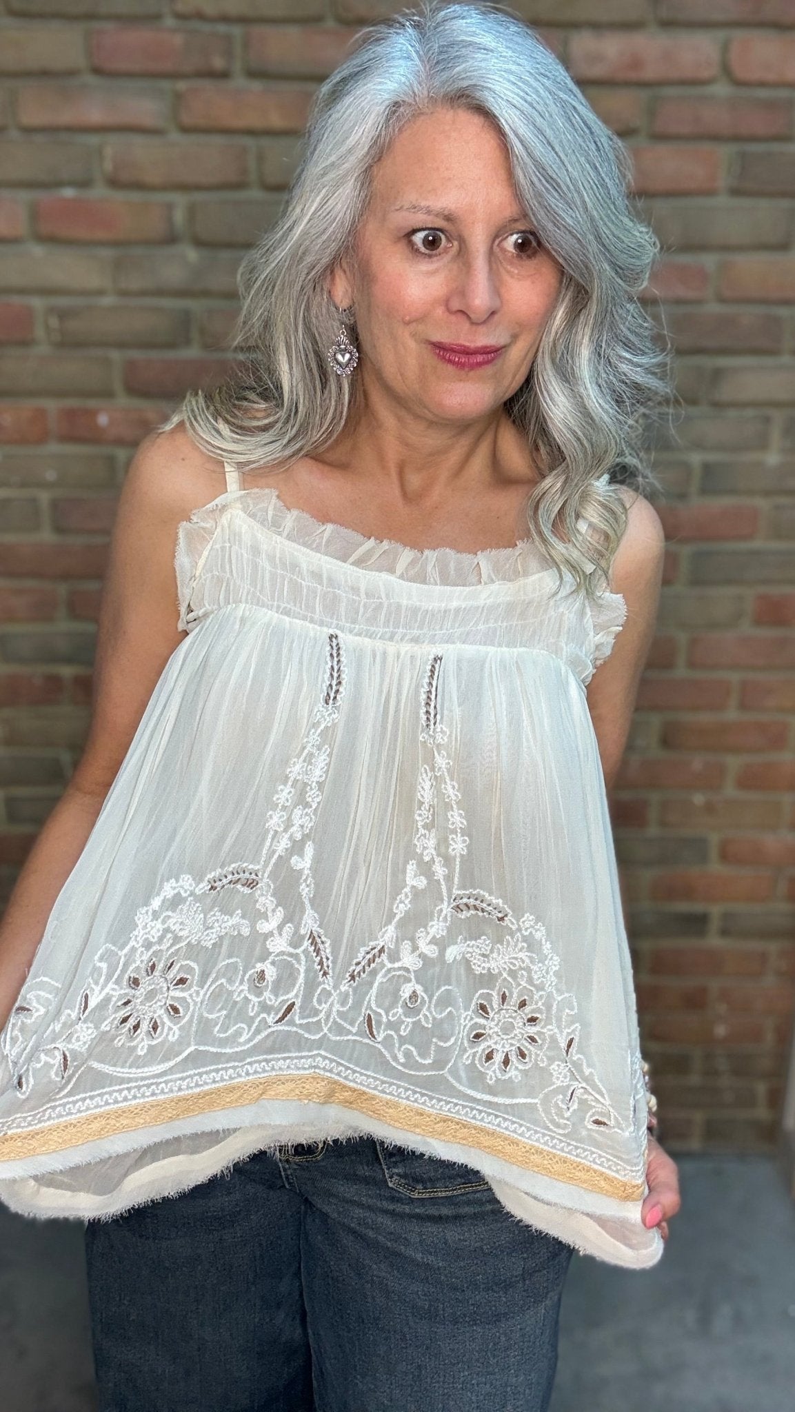 Ruffle Embroidered Tank - Vintage Vault Boutique