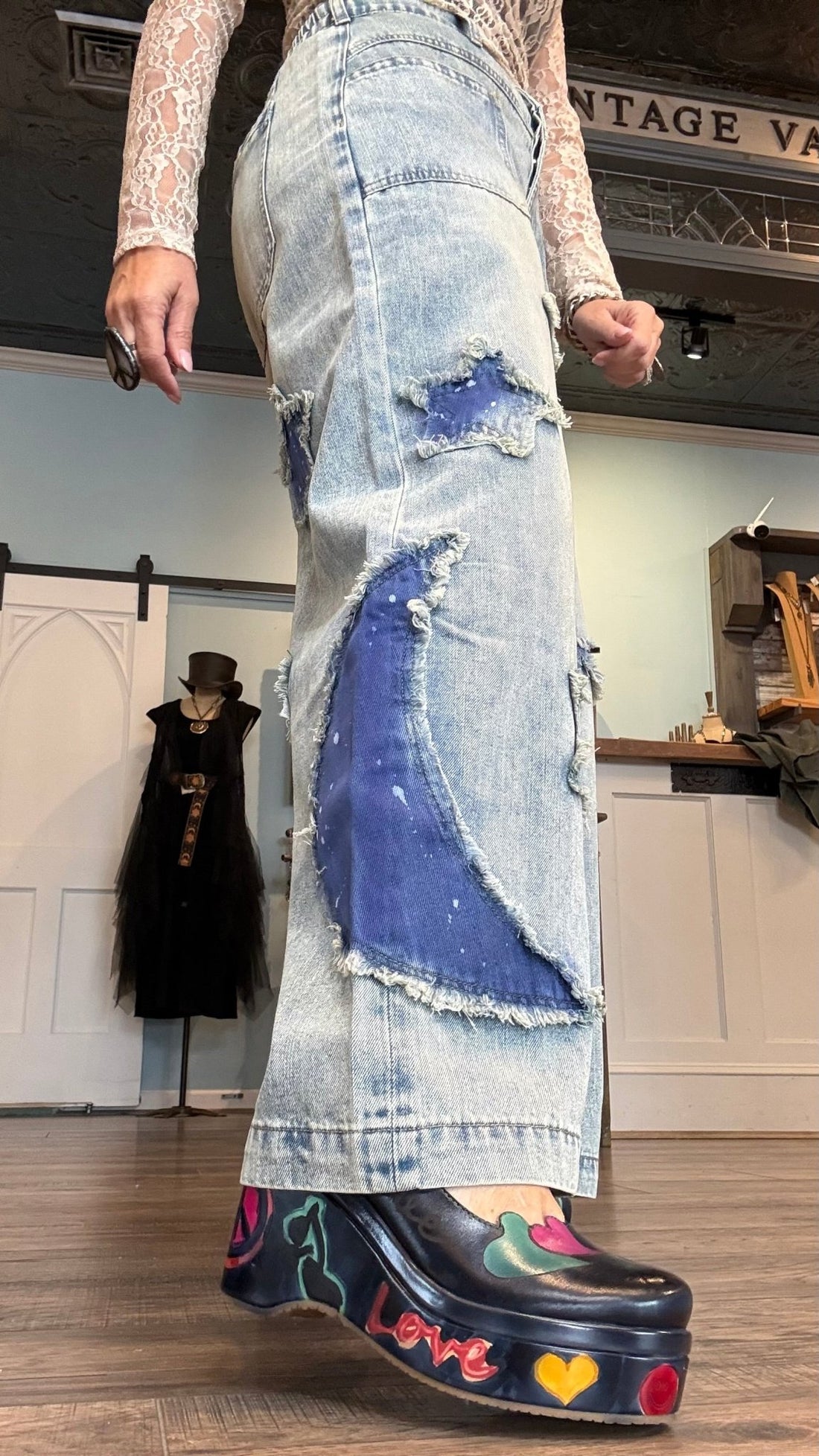 Star and Moon Wide Leg Denim Pants - Vintage Vault Boutique