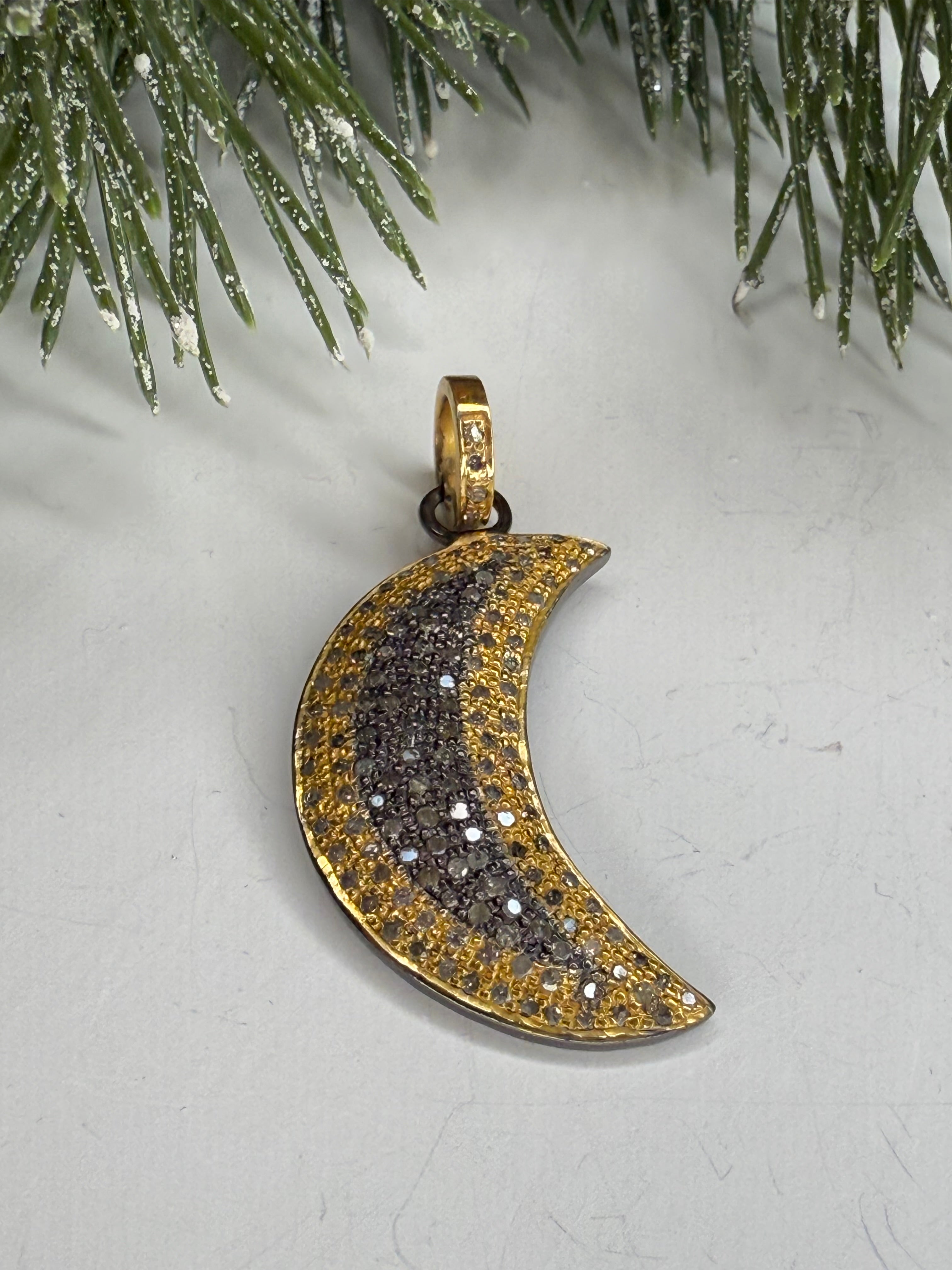 Mix Metal Pave Diamond Moon Pendant