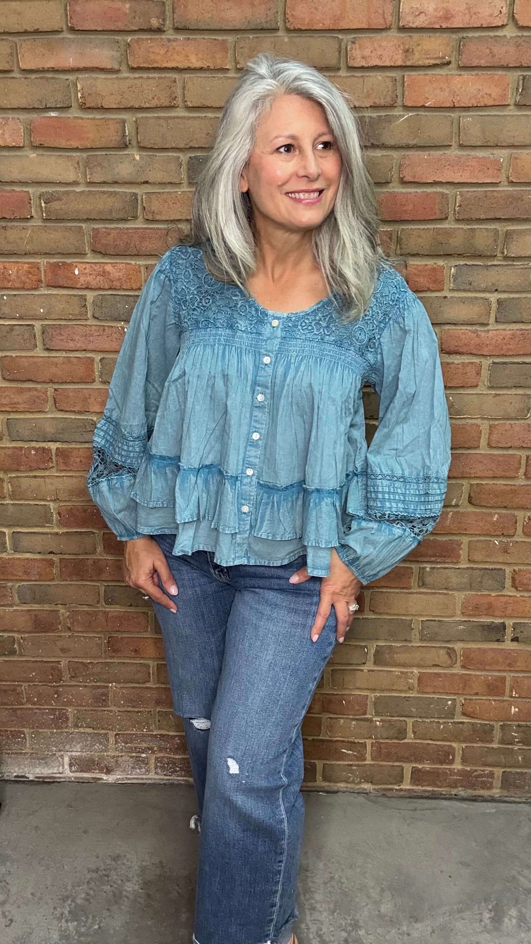 Denim Lace Button Up Top