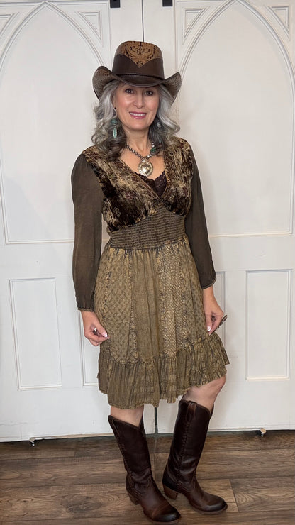 Woman in Amber Smocked Patchwork Babydoll dress, Falcon Leather Cowboy hat and Lane&