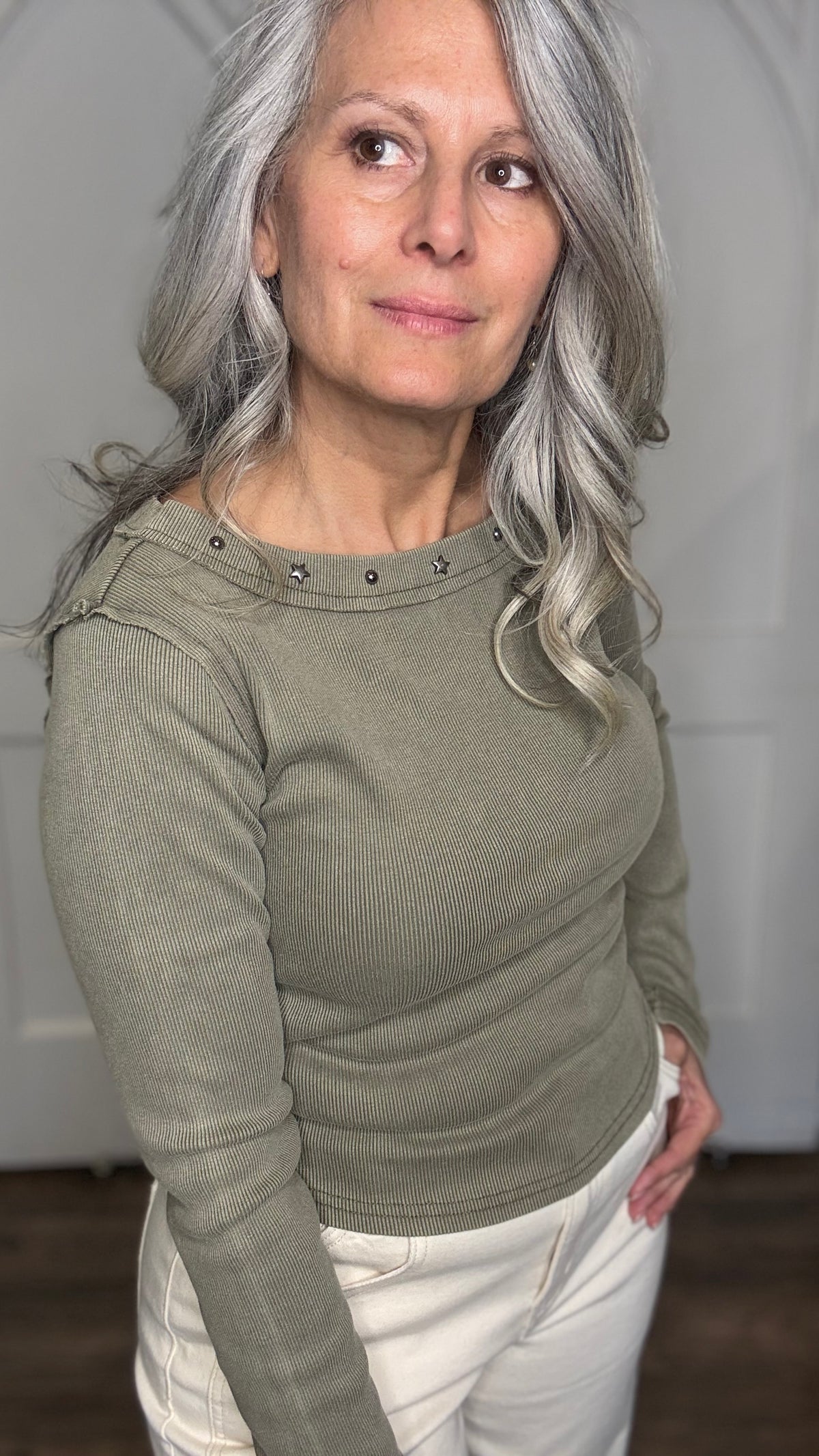 Moss Green Long Sleeve Ribbed Knit Top