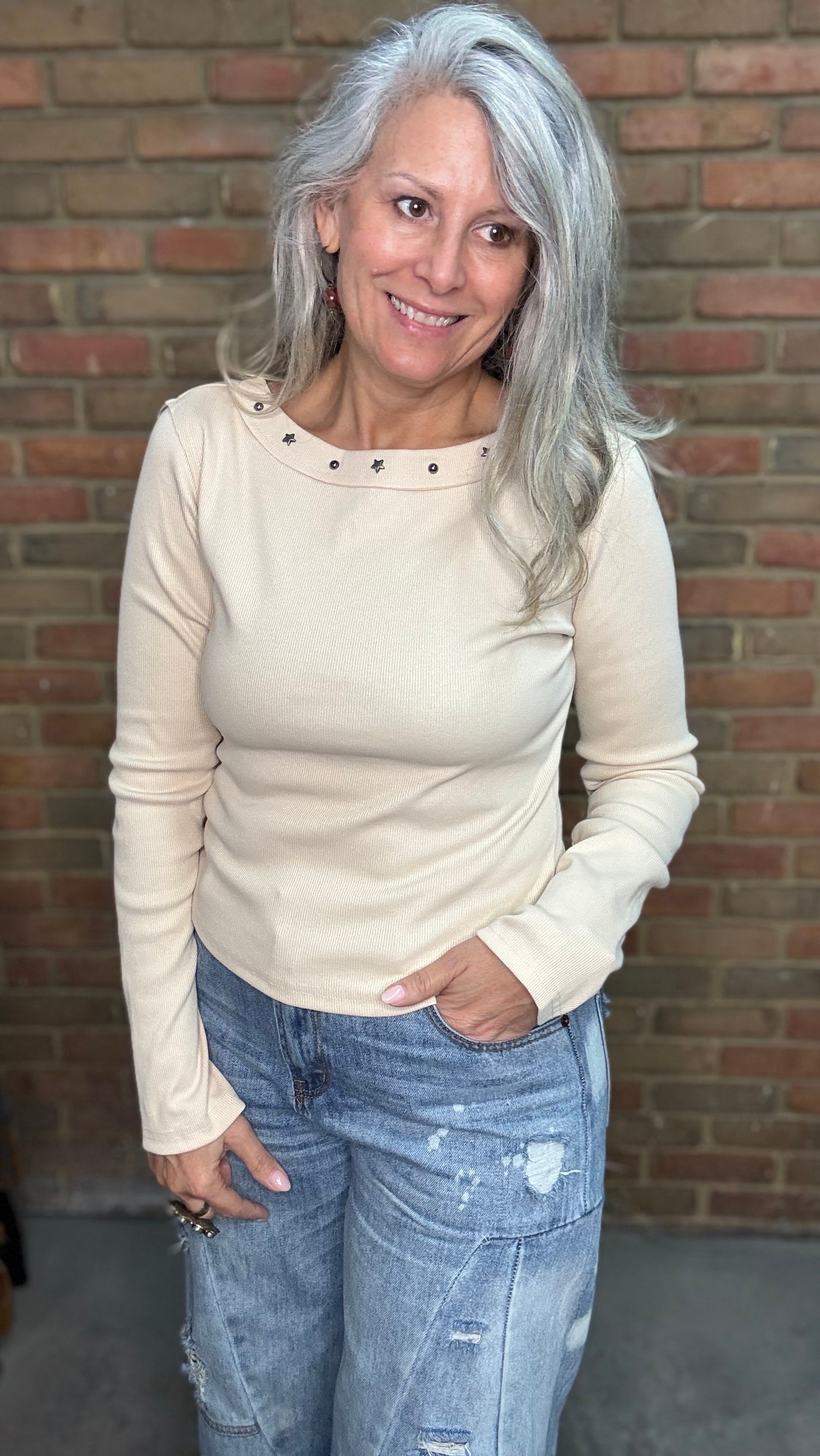 Almond Long Sleeve Ribbed Knit Top