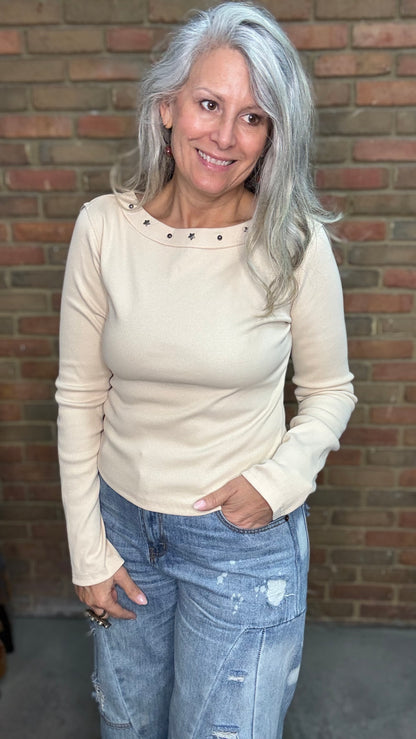 Almond Long Sleeve Ribbed Knit Top