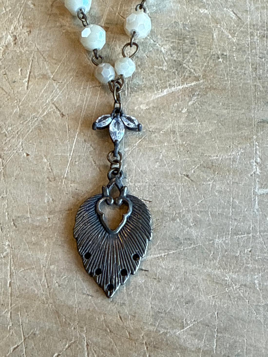 Sacred Heart on Cream Bead Necklace