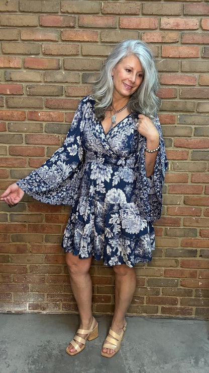 Wide Sleeve V Neck Smocked Dress - Vintage Vault Boutique