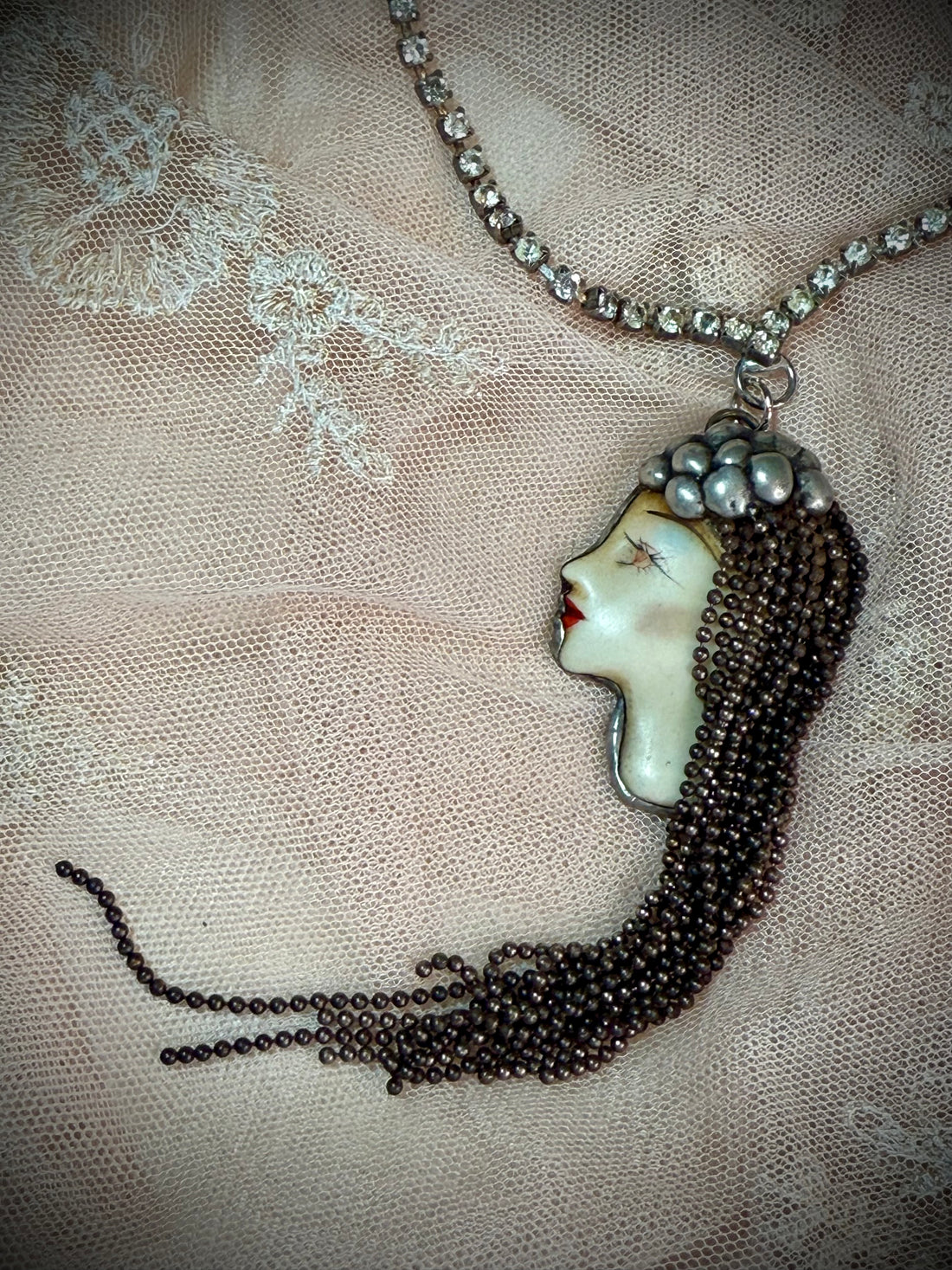 Vintage Face on Crystal Necklace