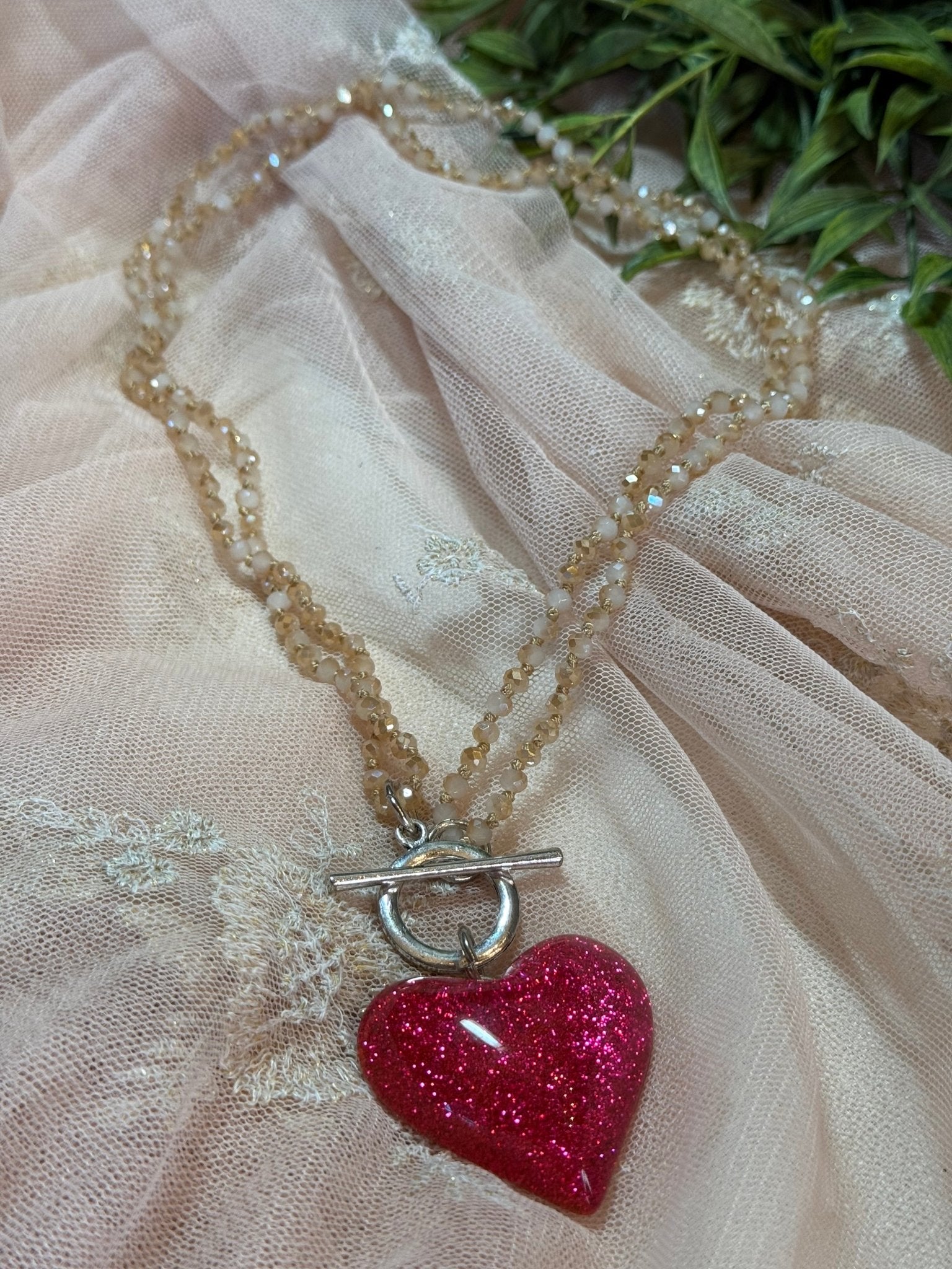 Glitter Roses Heart Necklace - Vintage Vault Boutique