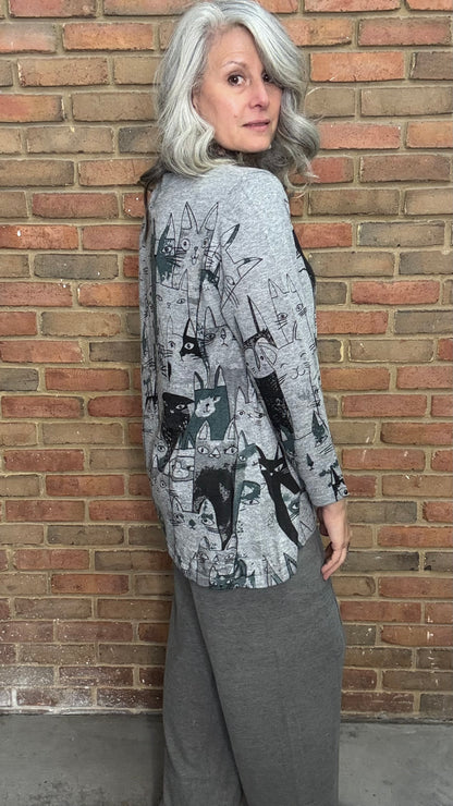 Cat Printed V-Neck Sweater