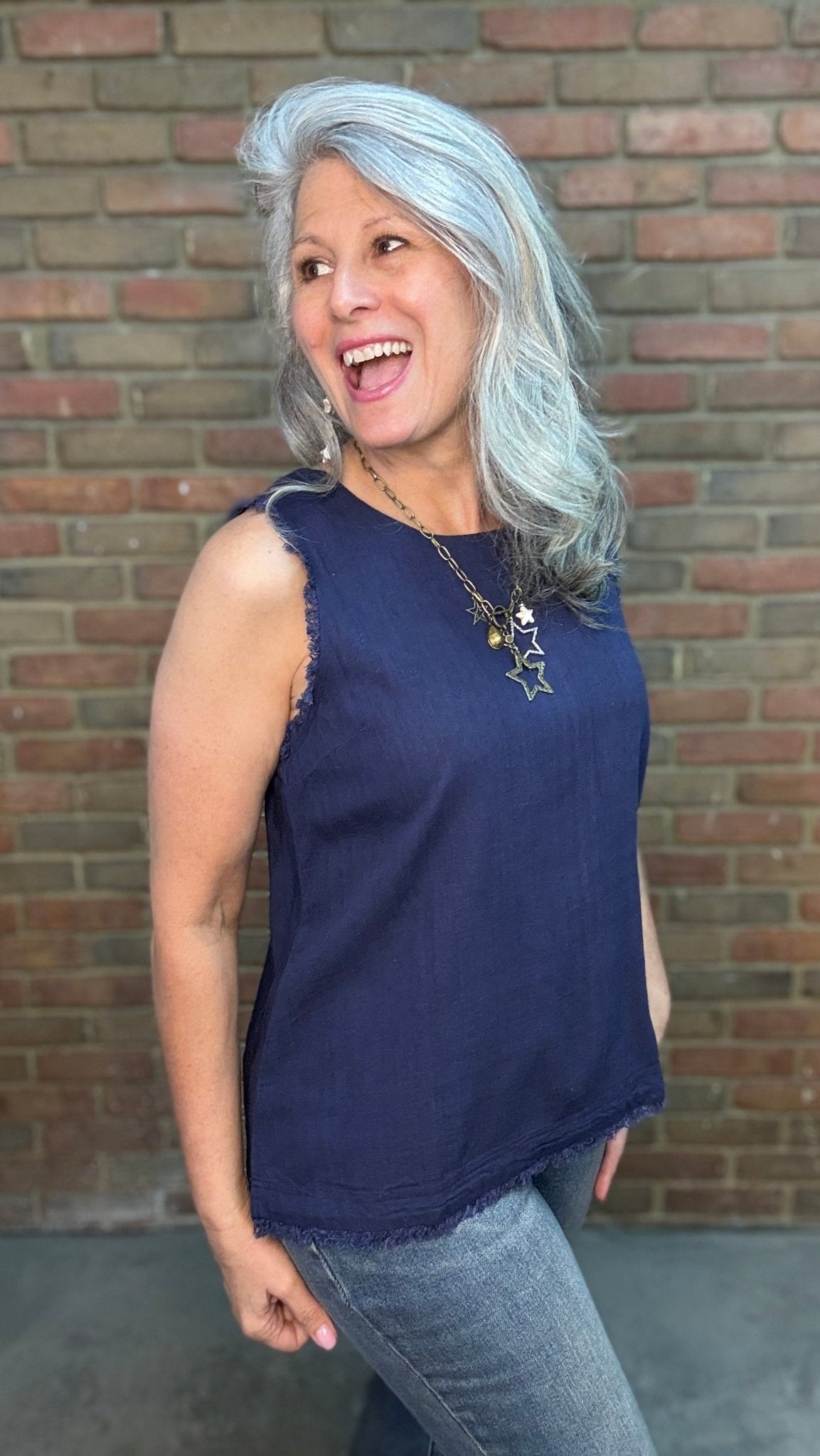 Navy Raw Edge Tank Top - Vintage Vault Boutique
