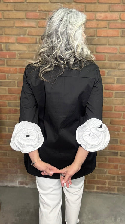 Black Shirt with White Rose Cuff - Vintage Vault Boutique