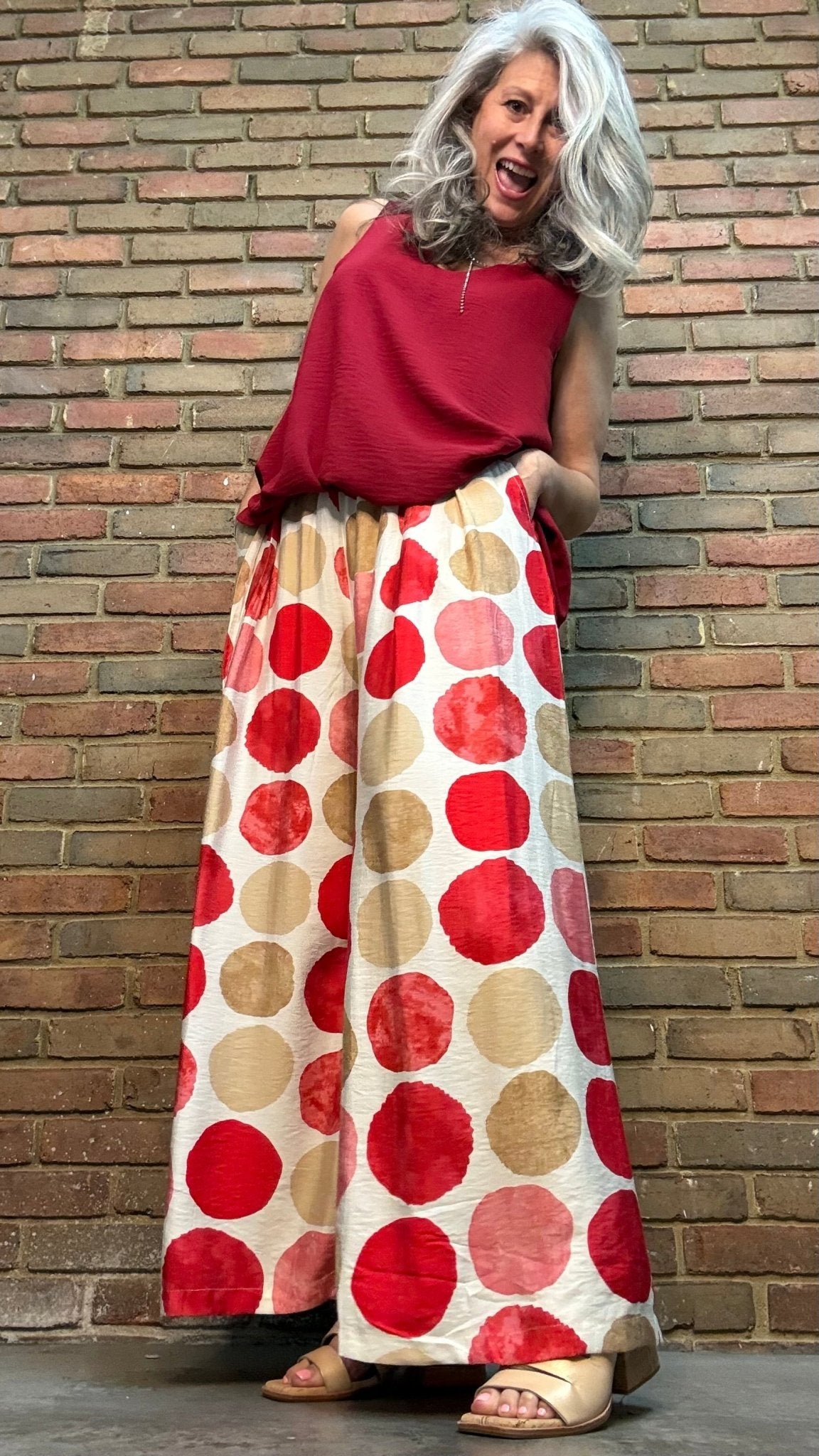 Red Mix Dot Wide Leg Pant - Vintage Vault Boutique