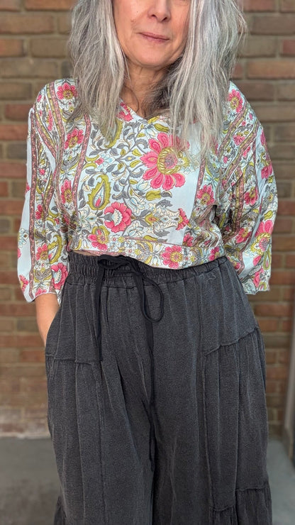 Black Tiered Side Boho Wide Leg Pant - Vintage Vault Boutique