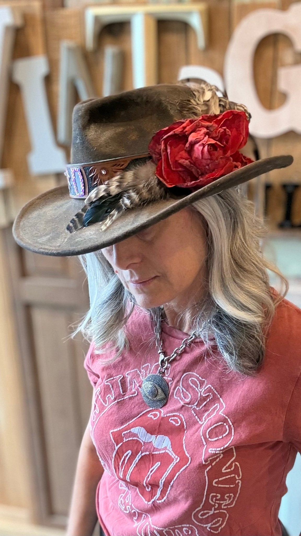 Red Rose Brown Cowboy Hat by A Rare Bird - Vintage Vault Boutique