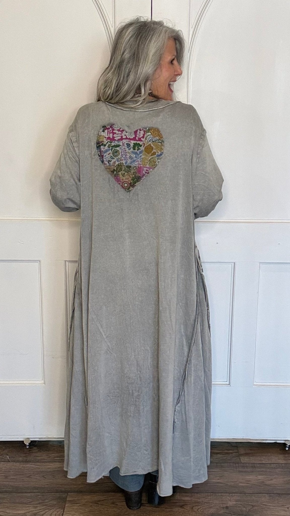 Long Grey Hearts Patch Jacket - Vintage Vault Boutique