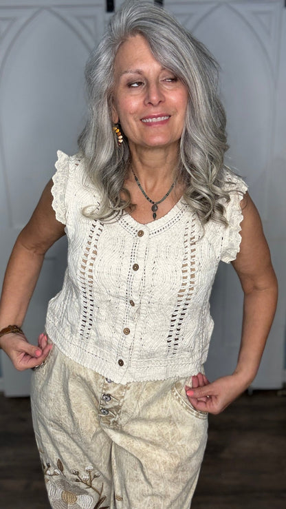 Short Crochet Vest with Buttons - Vintage Vault Boutique