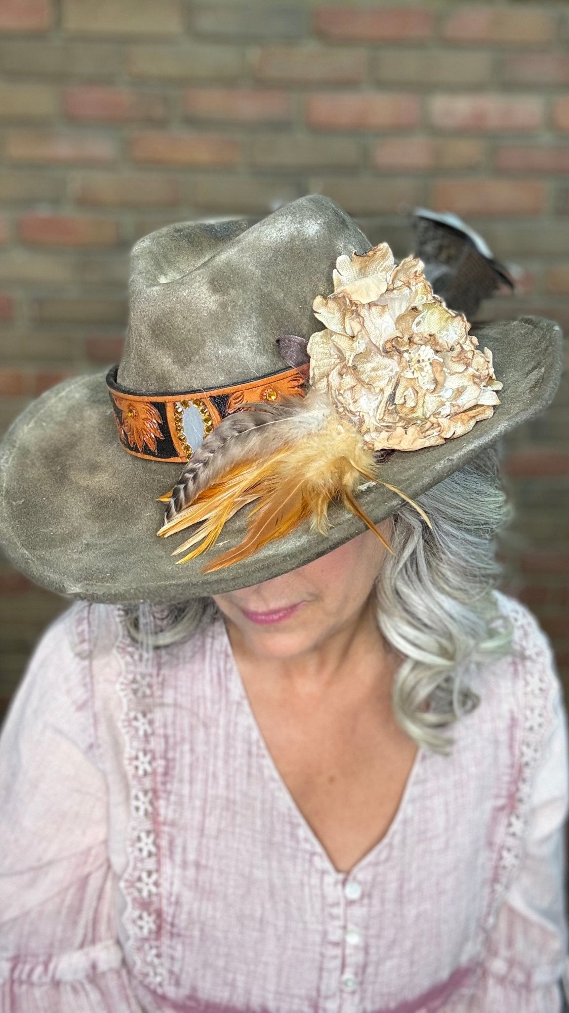 Brown Hat with Embossed Band - A Rare Bird - Vintage Vault Boutique